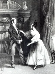 Ela contou então o que o sr. Darcy fizera voluntariamente para Lydia. Ele a ouviu com espanto ”, ilustração de“ Orgulho e Preconceito ”, de Jane Austen (1775-1817), gravada por William Greatbach (n.18).